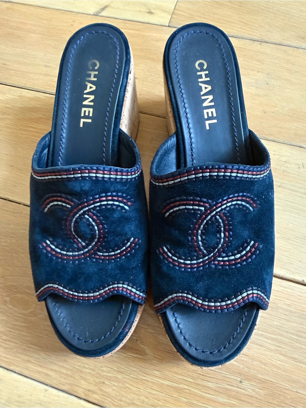 CHANEL Navy Suede Slide Mules with Multicolor Stitching